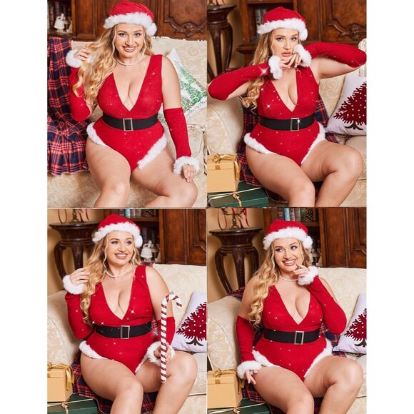 Women's Sexy Christmas Lingerie Bodysuit Deep V Teddy with Hat and Gloves - Picture 2 of 6